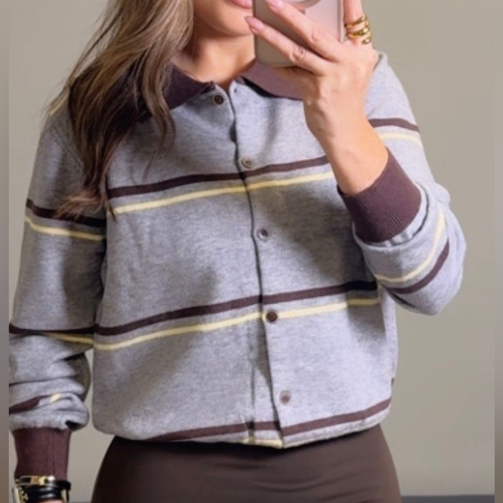 Striped Gray and Brown Button-Up Sweater